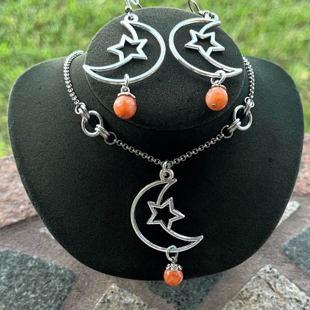 Set ! Moon star orange carnelian gemstones beads necklace matching earrings boho
